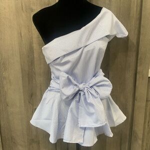 New Shein Fashions Blue & White Striped Ruffled One Shoulder Bow Top Women's S
